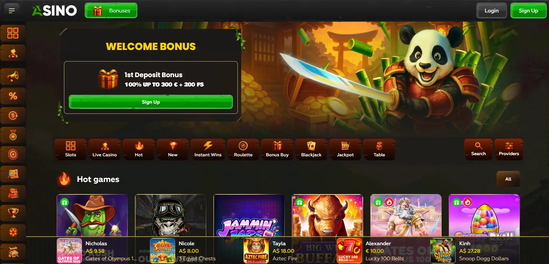 asino casino menu